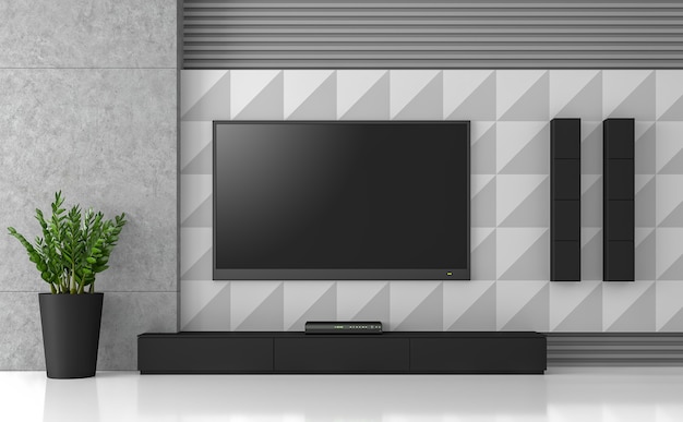 Idea di design della parete della TV 3d renderdecorare la parete con un motivo di varietà con colore nero grigio e bianco