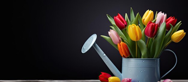 Idea di giardinaggio con annaffiatoio pieno di tulipani e spazio vuoto