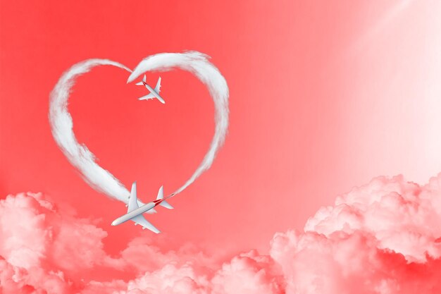 Idea di illustrazione speciale della settimana di San Valentino Gli aeroplani fanno forma di cuore di nuvole di fumo sul cielo