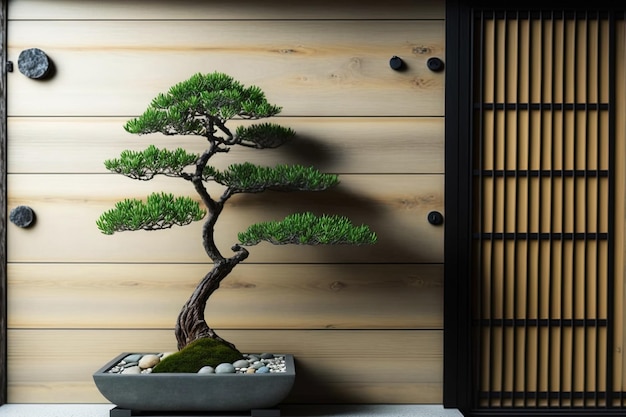 Idea di interior design con un albero bonsai vicino a una parete di legno
