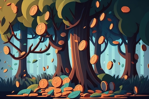 Idea di investimento finanziario Le monete cadono dagli alberi sullo sfondo