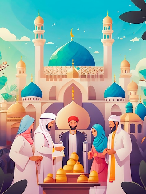 Idea di post sui social media per la giornata di Eid Fitr con l'illustrazione tradizionale dei musulmani