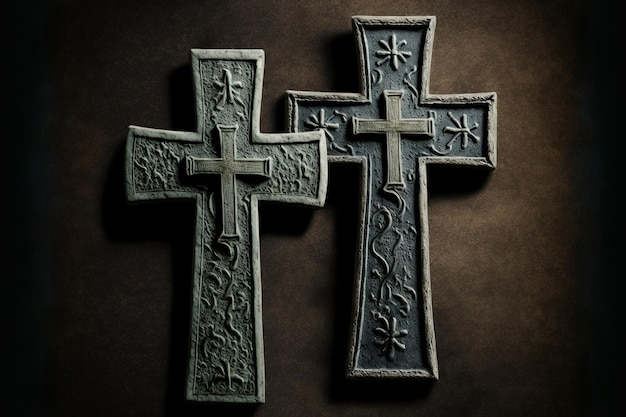 Idea di religione maschile femminile due croci cristiane su uno sfondo nero testurizzato