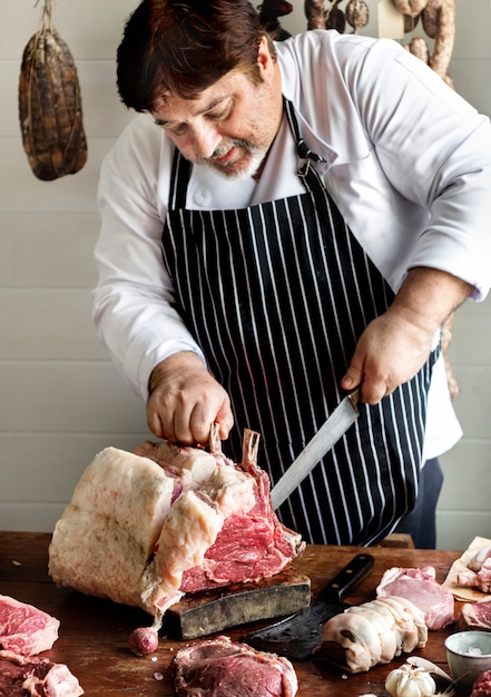 Idea di ricetta di fotografia dell&#39;alimento della bistecca dell&#39;occhio della costola di taglio del macellaio