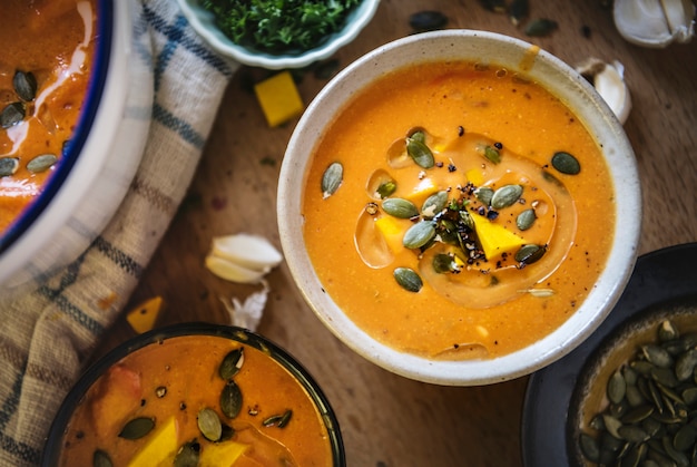 Idea di ricetta di fotografia di zuppa di zucca cibo