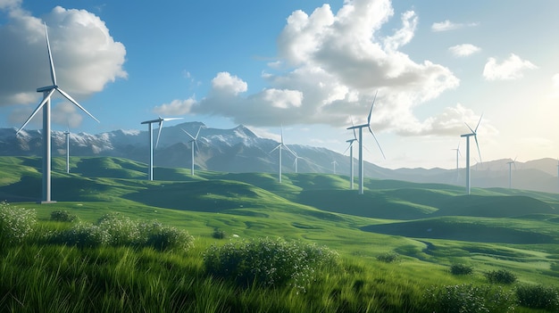 idea eco-energia turbina eolica su una collina con il tramonto