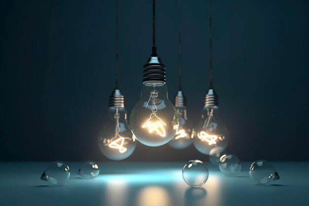 Idea lampadina 3d render lampadina brilla accanto a quelle spente ispirazione di leadership decisione giusta e concetto di risparmio energetico generare ai