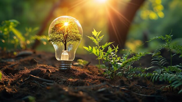 Idea naturale e conveniente di un albero che cresce su una lampadina in presenza di luce solare