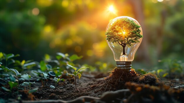 Idea naturale e conveniente di un albero che cresce su una lampadina in presenza di luce solare