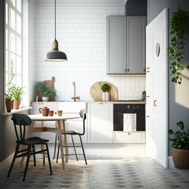 Idee di design per pareti e interni per una cucina scandinava Generative AI