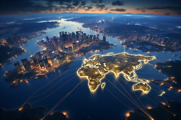 Idee globali per viaggi d'affari illuminate sulla mappa del mondo
