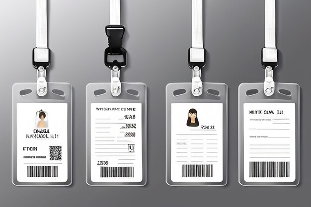 Identificazione carte d'identità di plastica bianche bianche con chiusura e cordoni illustrazione vettoriale isolata