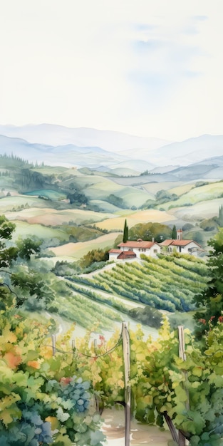 Idilliaca pittura ad acquerello del vigneto toscano e della campagna