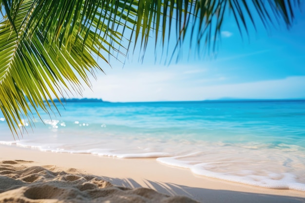 idilliaca scena di spiaggia di sabbia tropicale con onde d'acqua blu e foglie di palma