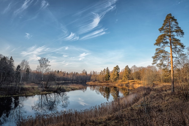 Idilliaco paesaggio autunnale con lago e nuvole drammatiche.