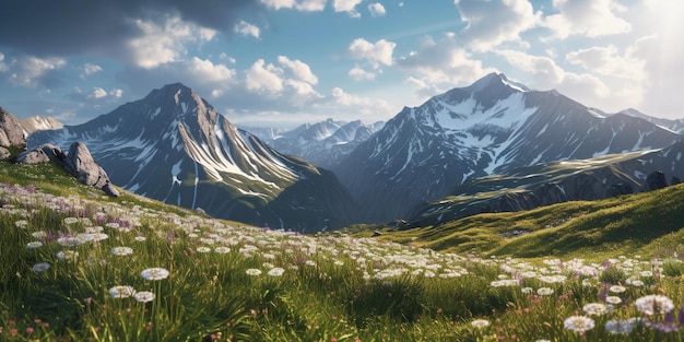 Idilliaco paesaggio montano delle Alpi con prati fioriti in primavera