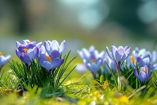 Idilliaco prato verde primaverile con fiori di crocus blu