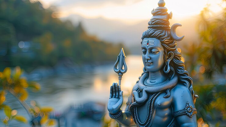 Idolo di Lord Shiva scultura di dio indù con trishul tramonto sfondo spiritualità meditazione pace religione fede cultura dell'India
