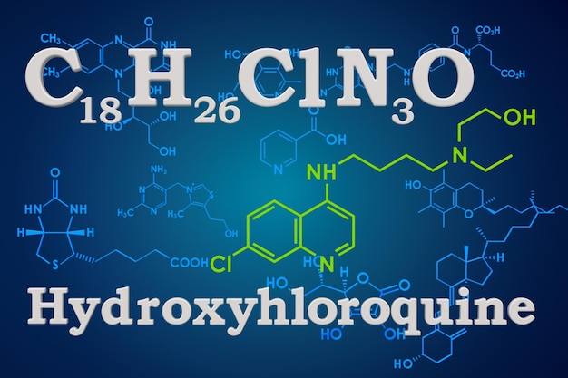 Idrossiclorochina Formula chimica del rendering 3D della struttura molecolare dell'HCQ