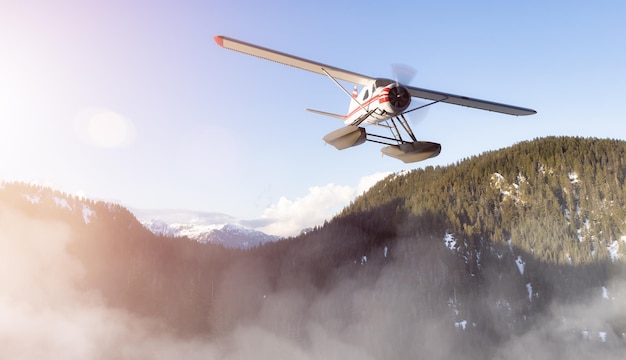 Idrovolante che vola sopra il paesaggio della natura della montagna canadese