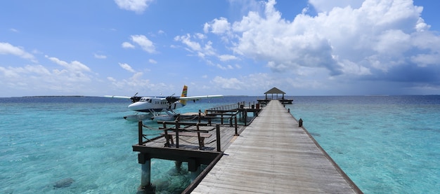 idrovolante su un'isola tropicale Maldive