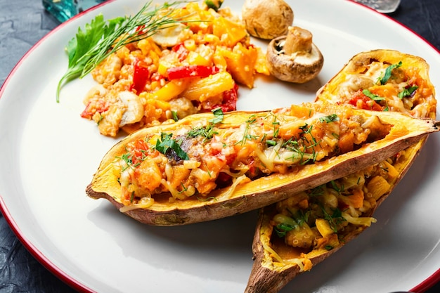 Igname al forno con peperoni,quinoa e funghi.Cibo vegetariano