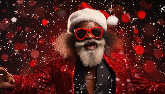 Il Babbo Natale afro-etnico augura a tutti un felice Natale con occhiali e fuochi d'artificio