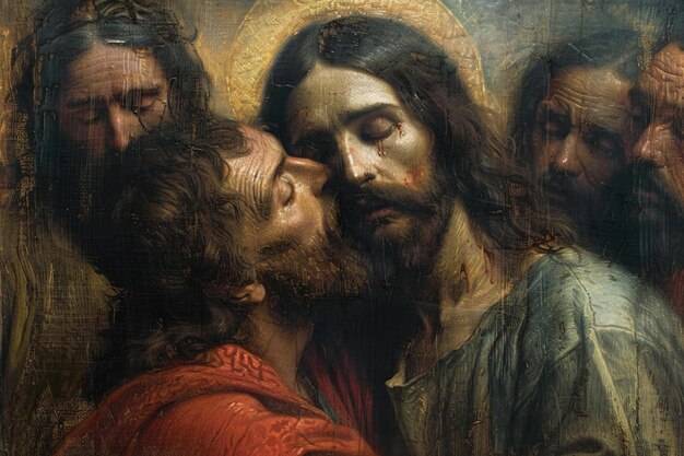 Il bacio di Giuda rappresentazione drammatica cattura la tensione e il conflitto del tradimento biblico mentre Giuda Iscariota tradisce Gesù con un bacio che simboleggia la profondità spirituale e il simbolismo cristiano iconico