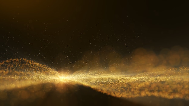 Il bagliore dorato delle particelle di polvere glitter scintilla sfondo astratto per la celebrazione con raggio di luce e splendore al centro.