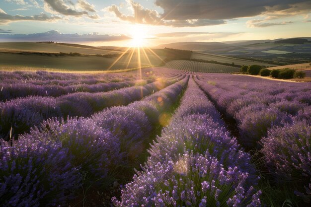 Il bagliore radioso dei campi di lavanda primaverili sotto il caldo abbraccio dei raggi del sole