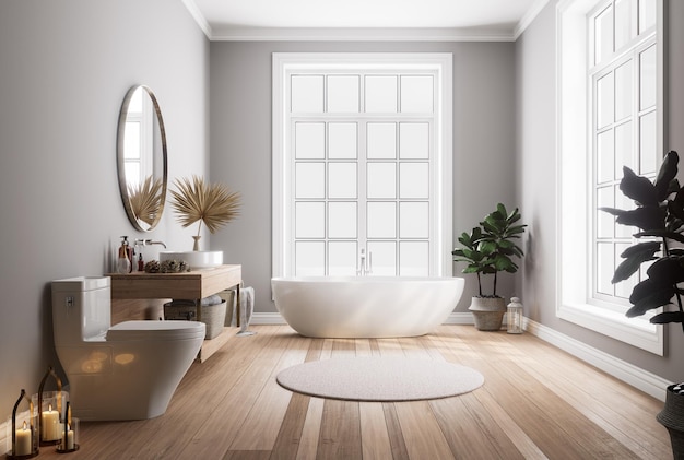 Il bagno con pareti grigie in stile classico moderno rappresenta un'illustrazione 3d