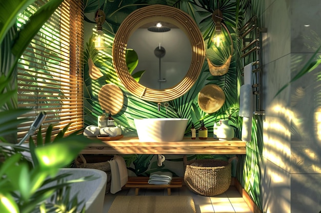 Il bagno del paradiso tropicale con accenti di bambù e