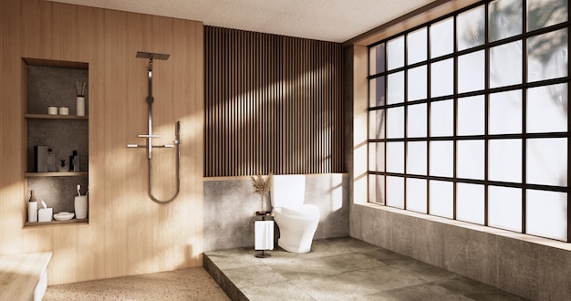 Il bagno e la toilette sul bagno in stile giapponese wabi sabi rendering 3D