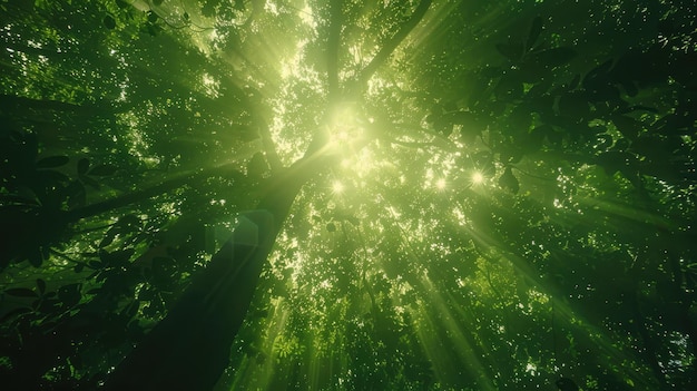 Il baldacchino della foresta pluviale visto da sotto offre un caleidoscopio di tonalità verdi vibranti con la luce solare