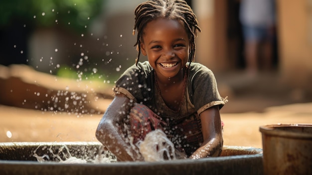 Il bambino africano tende le mani a un contenitore di acqua pulita