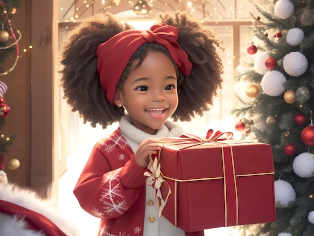 Il bambino afroamericano sorride felicemente con il cappello di Babbo Natale con una confezione regalo