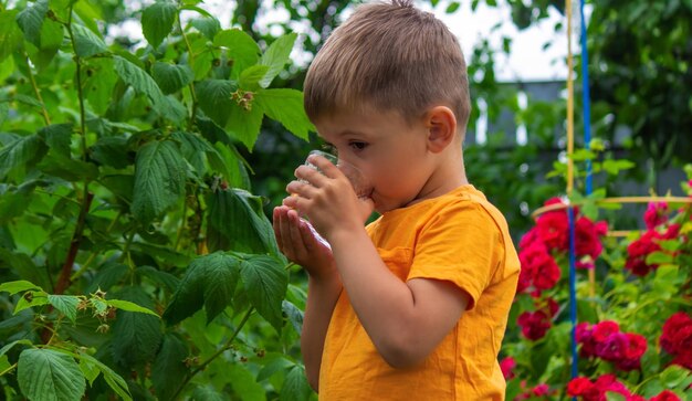 Il bambino beve l'acqua da un bicchiere Messa a fuoco selettiva