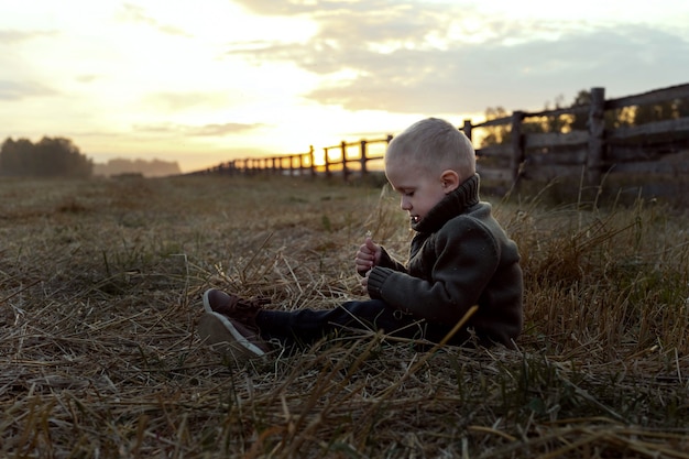 Il bambino cammina al tramonto in un campo falciato