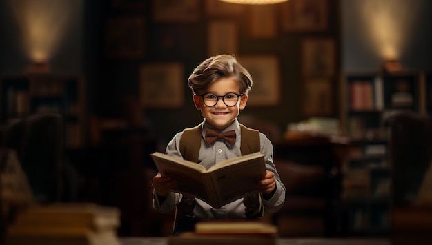 Il bambino con gli occhiali si impegna nell'apprendimento con un tocco di formalità vintage generato dall'intelligenza artificiale