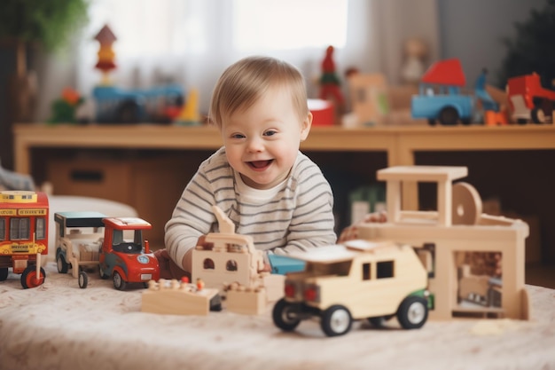 il bambino con sindrome di Down gioca con giocattoli educativi e sorride