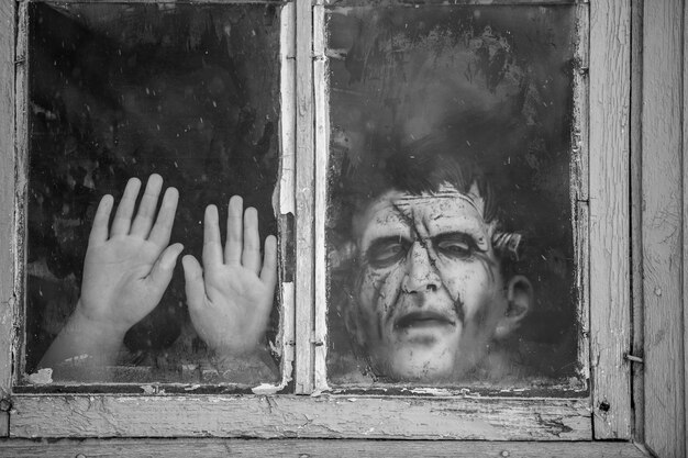 Il bambino con una maschera da mostro fa capolino da una vecchia finestra sporca in inverno