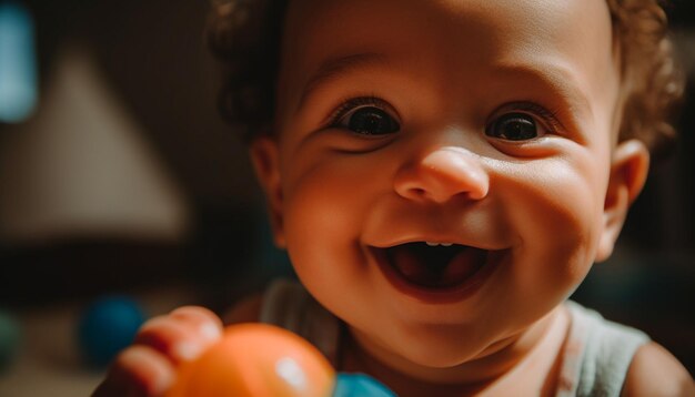 Il bambino dai capelli ricci tiene il giocattolo sorridendo con gioia generata dall'intelligenza artificiale