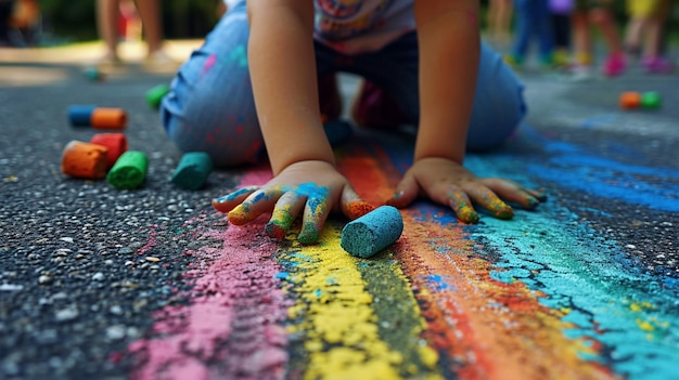 Il bambino disegna una casa e un arcobaleno sull'asfalto con il gesso Focalizzazione selettiva AI generativa