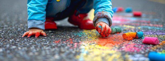 Il bambino disegna una casa e un arcobaleno sull'asfalto con il gesso Focalizzazione selettiva AI generativa