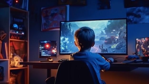 Il bambino è seduto davanti a un gioco per computer Generative ai