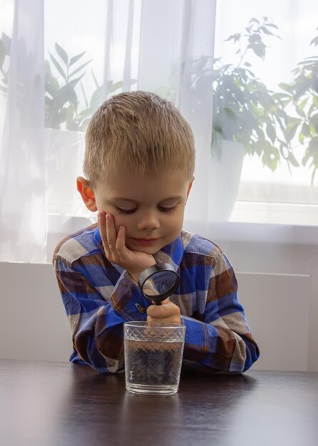 Il bambino esamina l'acqua con una lente d'ingrandimento in un vetro Messa a fuoco selettiva