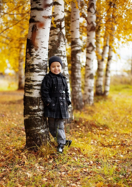 Il bambino felice cammina in autunno nel parco