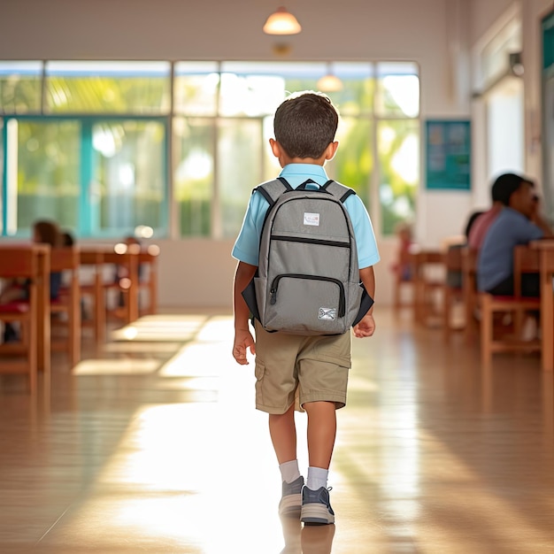 Il bambino felice e sorridente con lo zaino è tornato a scuola il ragazzo con la borsa va a scuola elementare