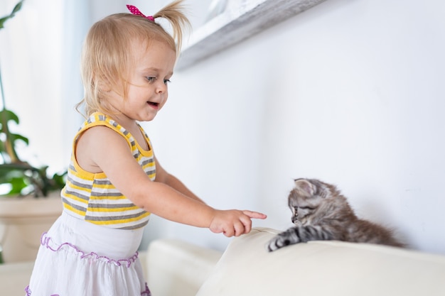 Il bambino gioca con un gattino sul divano