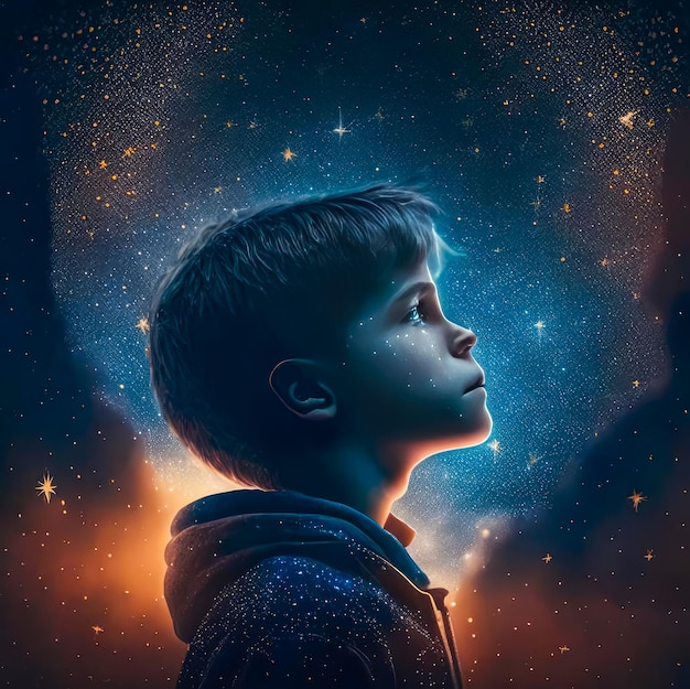 Il bambino guarda il cielo stellato IA generativa